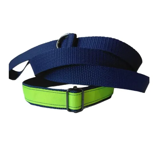 Neonzöld póráz kék hevederen