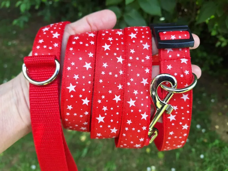 Piros csillagos nyakörv és póráz